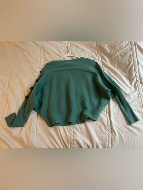 Faith & Zoe Teal Scoop-Neck Sweater with Button Sleeve Detail